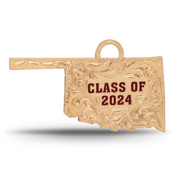 A custom silver tassel charm for 2024 graduates, designed for memorial caps, featuring a Oklahoma State Shape